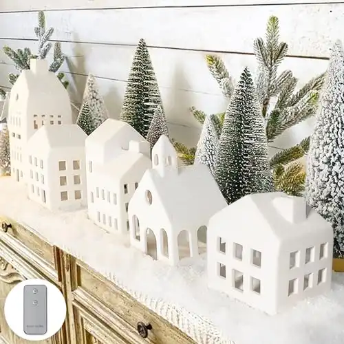 Christmas Village Sets of 5 Lighted Ceramic Houses with Remote Control & 9 Trees White Xmas Holiday Farmhouse Rustic Decorations