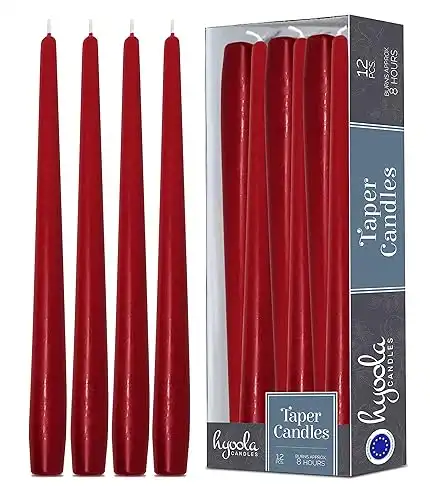 Hyoola Tall Taper Candles 10 Inch Cherry Red Unscented Dripless Taper Candles 8 Hour Burn Time 12 Pack