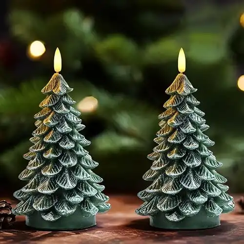Homemory Christmas Tree Candles with 6 Hours Timer, 2 Pcs Waxy LED Flameless Candles Flickering, Green Electric Candles Battery Operated for New Year Celebration Holiday Decorations 8.5 Inches