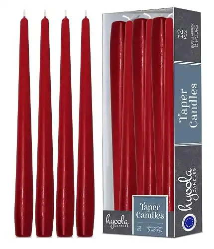Hyoola Tall Taper Candles 10 Inch Cherry Red Unscented Dripless Taper Candles 8 Hour Burn Time 12 Pack